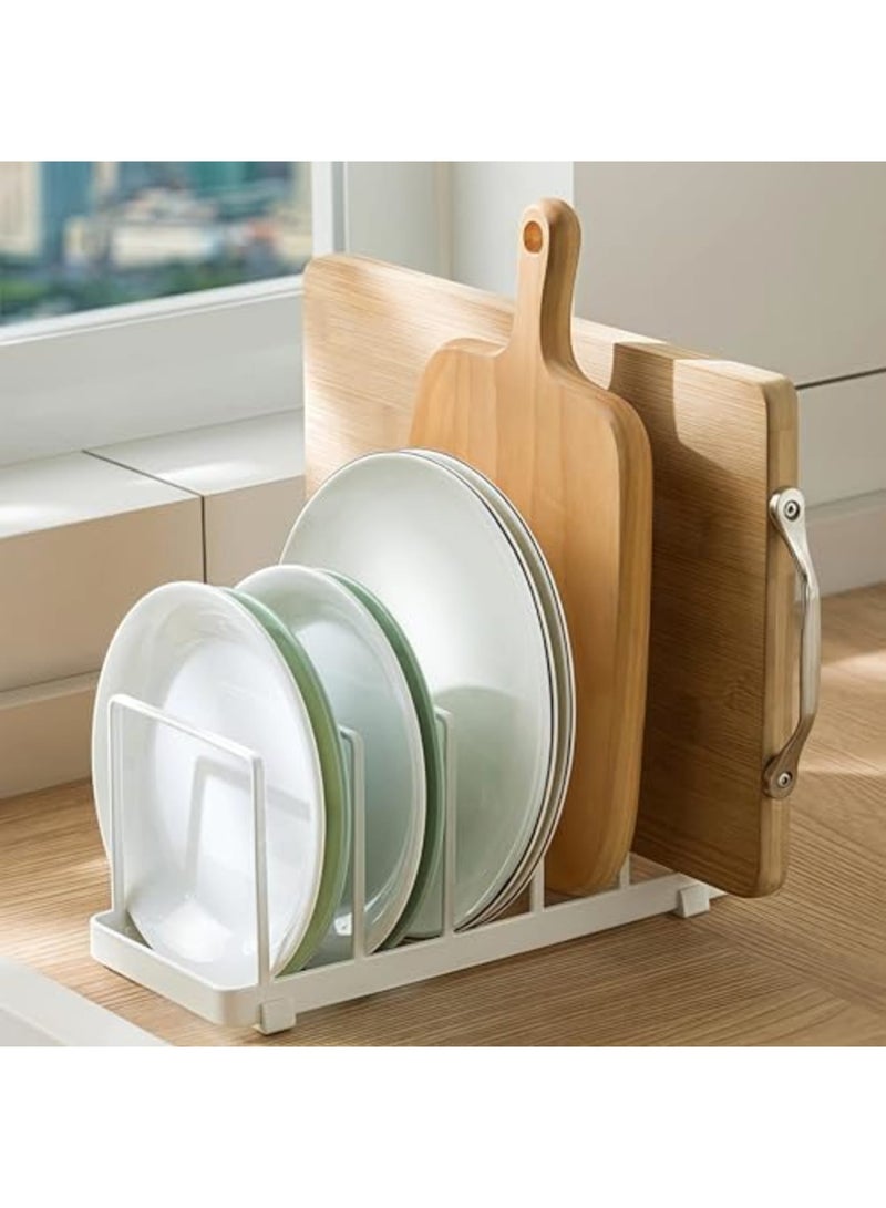 SYOSI Cutting Board Organizer & Dish Rack - Adjustable Pot Lid Holder for Bakeware, Plates, Pans & Kitchen Utensils | Space-Saving Storage for Cabinet, Countertop or Sink (White) - Image 1