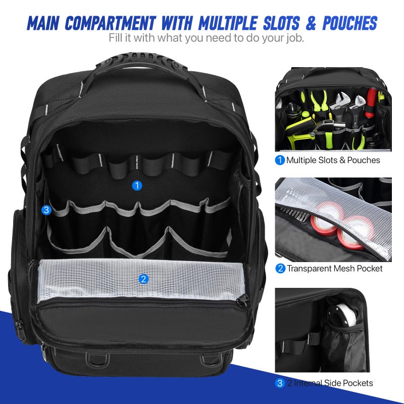RUCYEN Tool Backpack,Heavy Duty Tool Bags for Men,Tool Storage Organizer Bag With 3 Tool Pouches for Electrician/Industrial/Construction/Tactical/Hvac Techs/Repairman Work - Image 3