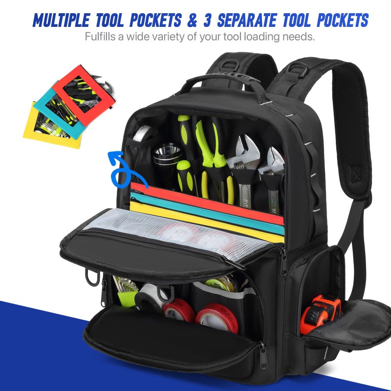 RUCYEN Tool Backpack,Heavy Duty Tool Bags for Men,Tool Storage Organizer Bag With 3 Tool Pouches for Electrician/Industrial/Construction/Tactical/Hvac Techs/Repairman Work - Image 2
