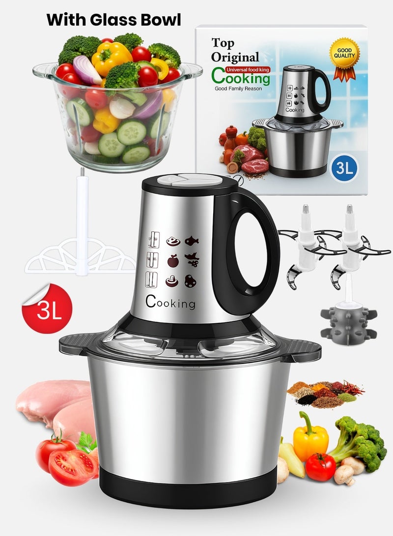 مطحنة لحم كهربائية 800 واط، معالج طعام وفرّامة من الستانلس ستيل بسعة 3 لتر للحوم والبصل والفواكه والخضروات – خلاط لحم بأربع شفرات حادة - Image 1