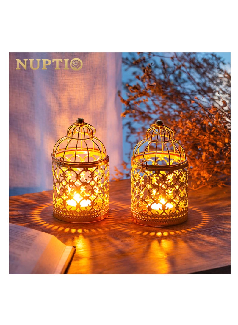 SYOSI 2 Pcs Small Metal Tealight Hanging Birdcage Lantern, Vintage Candle Holders, Vintage Decorative Centerpieces of Wedding, Party, Made of Metal, Sturdy Metal Ring, Serves as lighting for yard (Gold)  - Image 2