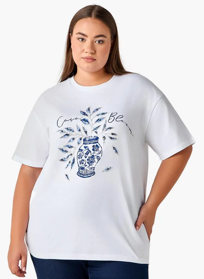 Ulla Popken Ulla Popken Relaxed Fit Cotton T-Shirt with Vase Print and Embroidery