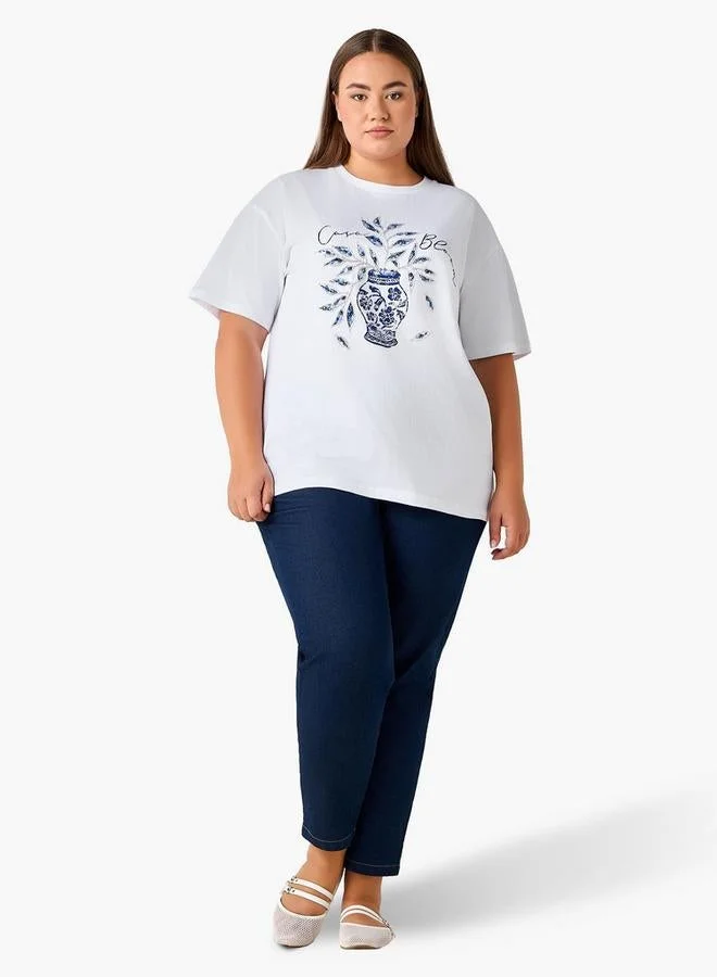 Ulla Popken Ulla Popken Relaxed Fit Cotton T-Shirt with Vase Print and Embroidery