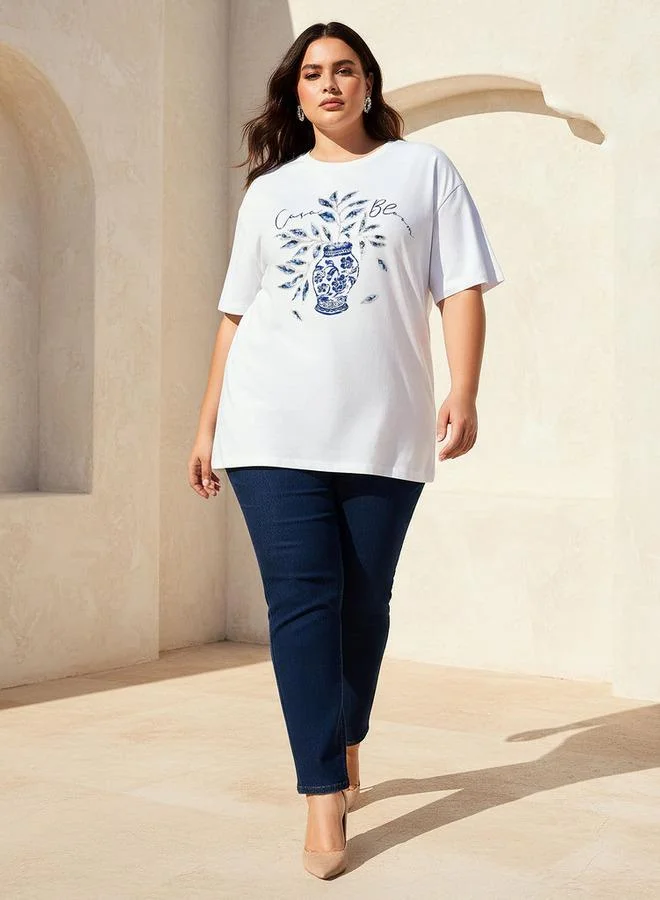 Ulla Popken Ulla Popken Relaxed Fit Cotton T-Shirt with Vase Print and Embroidery