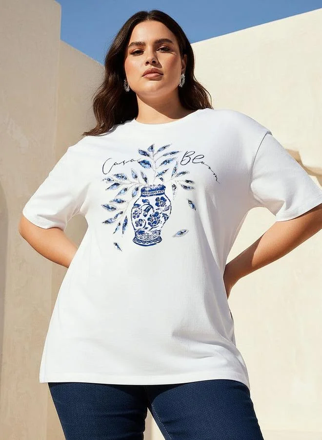 Ulla Popken Ulla Popken Relaxed Fit Cotton T-Shirt with Vase Print and Embroidery