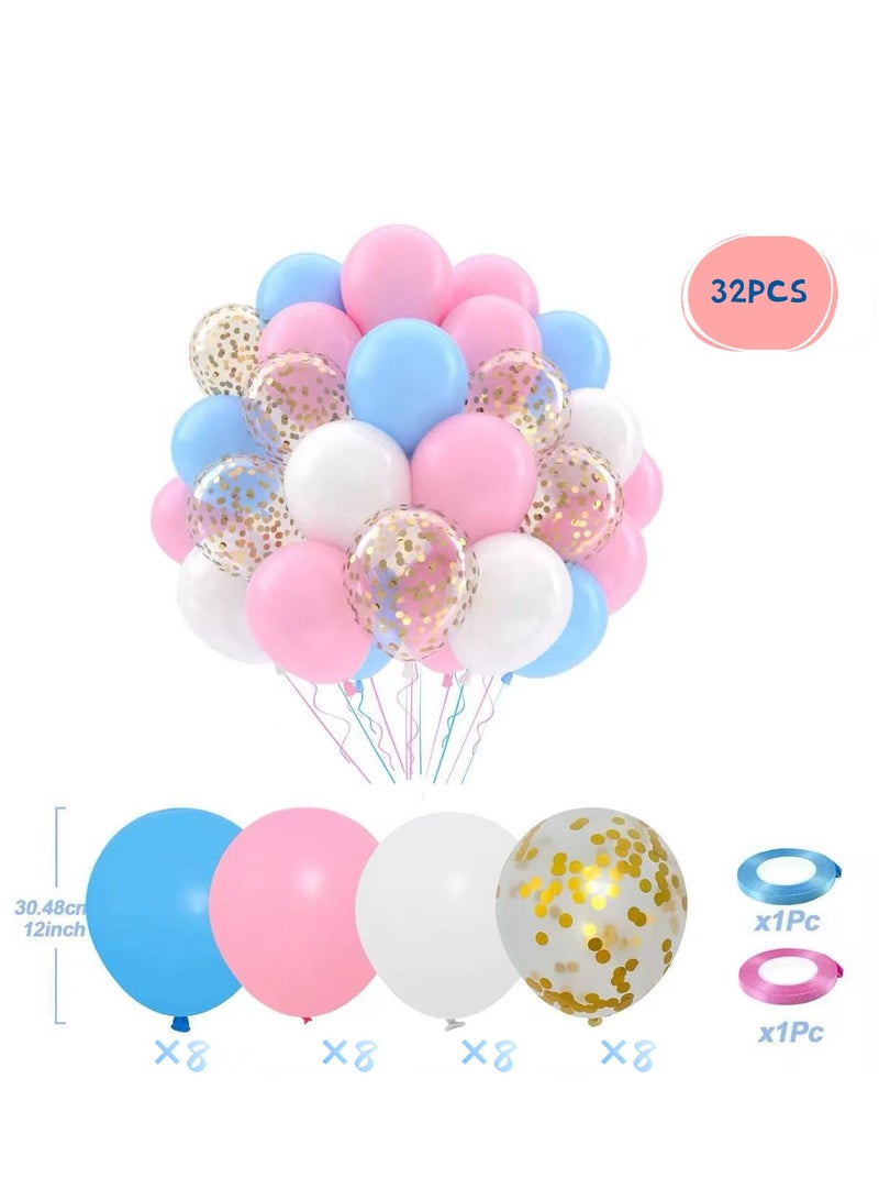 32Pcs Pink Blue and White 12inch Latex Balloon Set For Wedding Birthday Anniversary Party Decoration