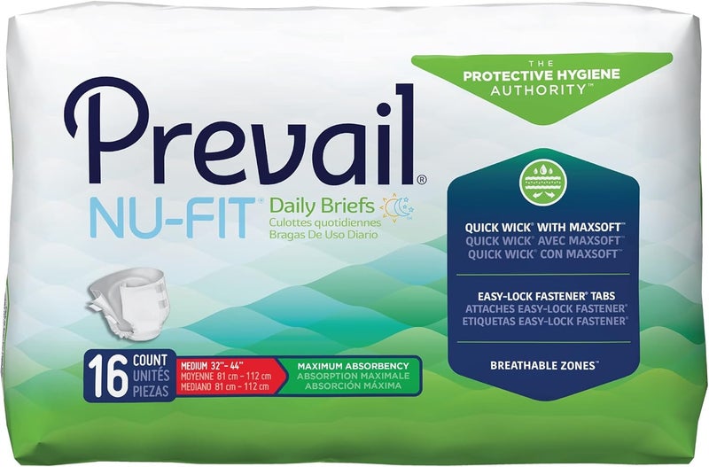 Prevail Prevail Nu-Fit Incontinence Briefs, Unisex Disposable Adult Diapers with Tabs for Men & Women, Maximum Absorbency, Medium, 16 Count Bag 