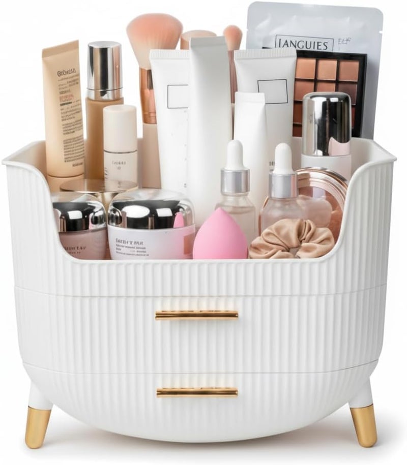 INOVERA (LABEL) Cosmetic Makeup Organizer with Drawer - Countertop Vanity Storage Case - Dressing Table Cosmetics Display Cases for Women & Girls (White) - Image 1