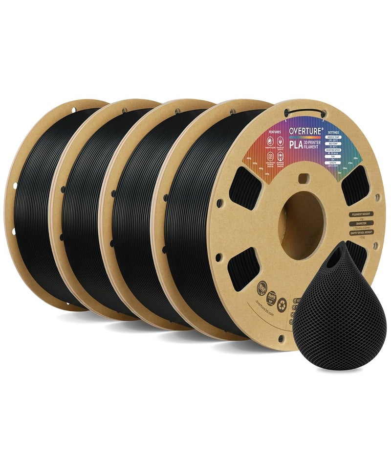 OVERTURE حزمة خيوط PLA بوزن 4 كجم، خيوط طابعة ثلاثية الأبعاد بقطر 1.75 مم، 4 عبوات بوزن 1 كجم (2.2 رطل)، دقة أبعاد +/- 0.02 مم، تناسب معظم طابعات FDM ثلاثية الأبعاد (أسود 4 عبوات) - Image 1