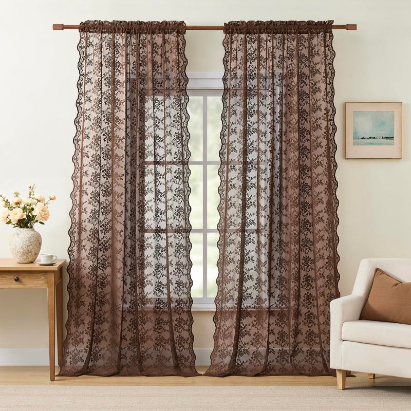 YJ YANJUN Dark Brown Sheer Curtains 84 inches Long 2 Panels, Boho Lace Curtains for Living Room & Bedroom, Victorian Floral Design, Light-Filtering Rustic Farmhouse Window Treatment, Chocolate - Image 1