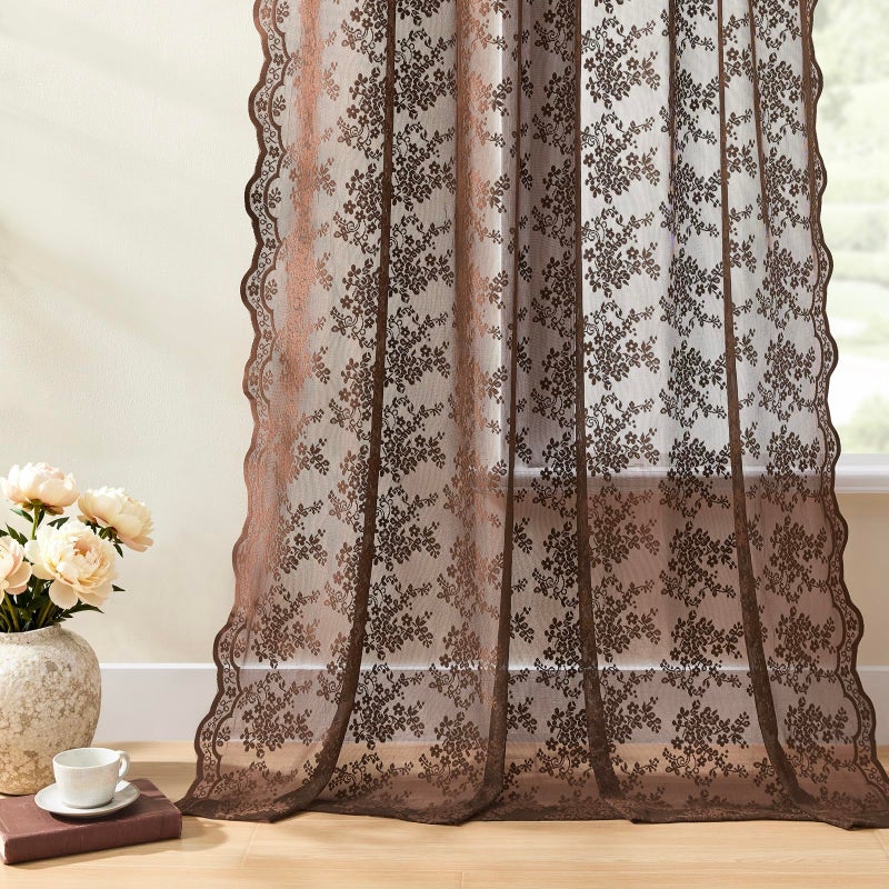 YJ YANJUN Dark Brown Sheer Curtains 84 inches Long 2 Panels, Boho Lace Curtains for Living Room & Bedroom, Victorian Floral Design, Light-Filtering Rustic Farmhouse Window Treatment, Chocolate - Image 5