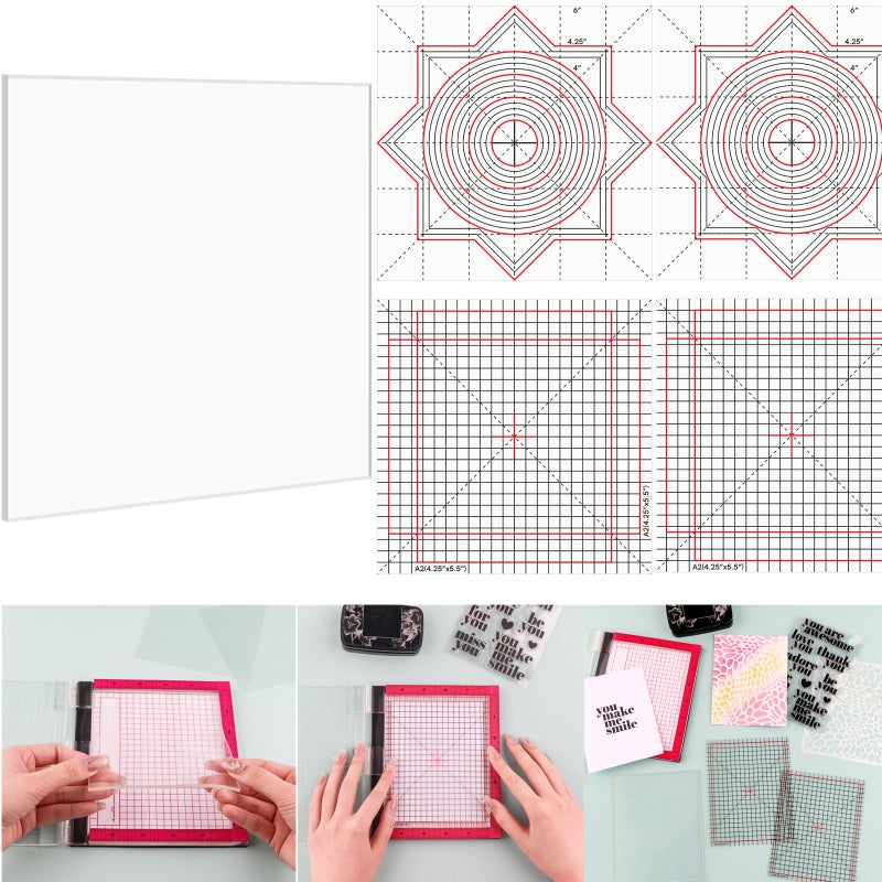CYFUN DESIGN 6X6 Photopolymer Grip Mat with 4PCS Printed Guides for StampingMultiUse NonSlip Sticky Mats Fit In Stamp Positioning Tool for Card Making Hold Your Cardstock In Place When StampingStencil