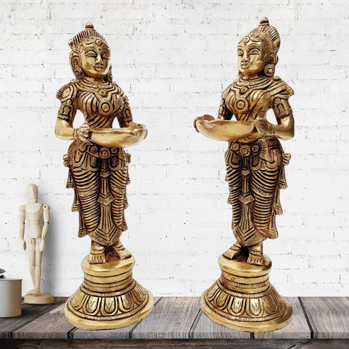 MohanJodero Mohan Jodero Brass Deep Laxmi, Brass Devi Holding Diya Set of 2 - Image 5
