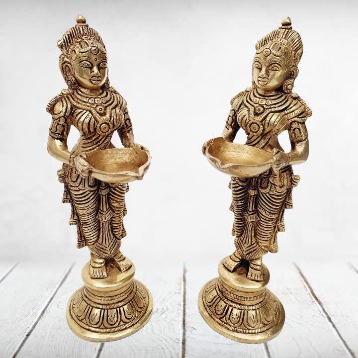 MohanJodero Mohan Jodero Brass Deep Laxmi, Brass Devi Holding Diya Set of 2 - Image 2
