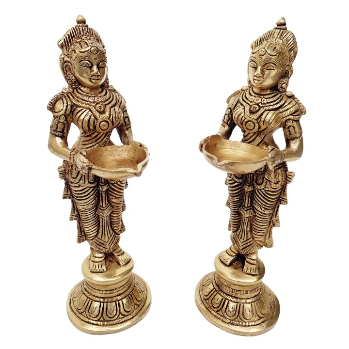 MohanJodero Mohan Jodero Brass Deep Laxmi, Brass Devi Holding Diya Set of 2 - Image 3