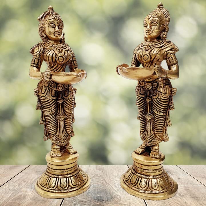 MohanJodero Mohan Jodero Brass Deep Laxmi, Brass Devi Holding Diya Set of 2 - Image 4