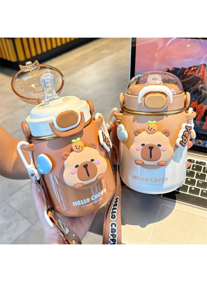 Pinyu Children's Insulated Bottle 316 Stainless Steel Large Capacity Wide Mouth Straw Water Cup For Boys And Girls Coffee Color - Image 1