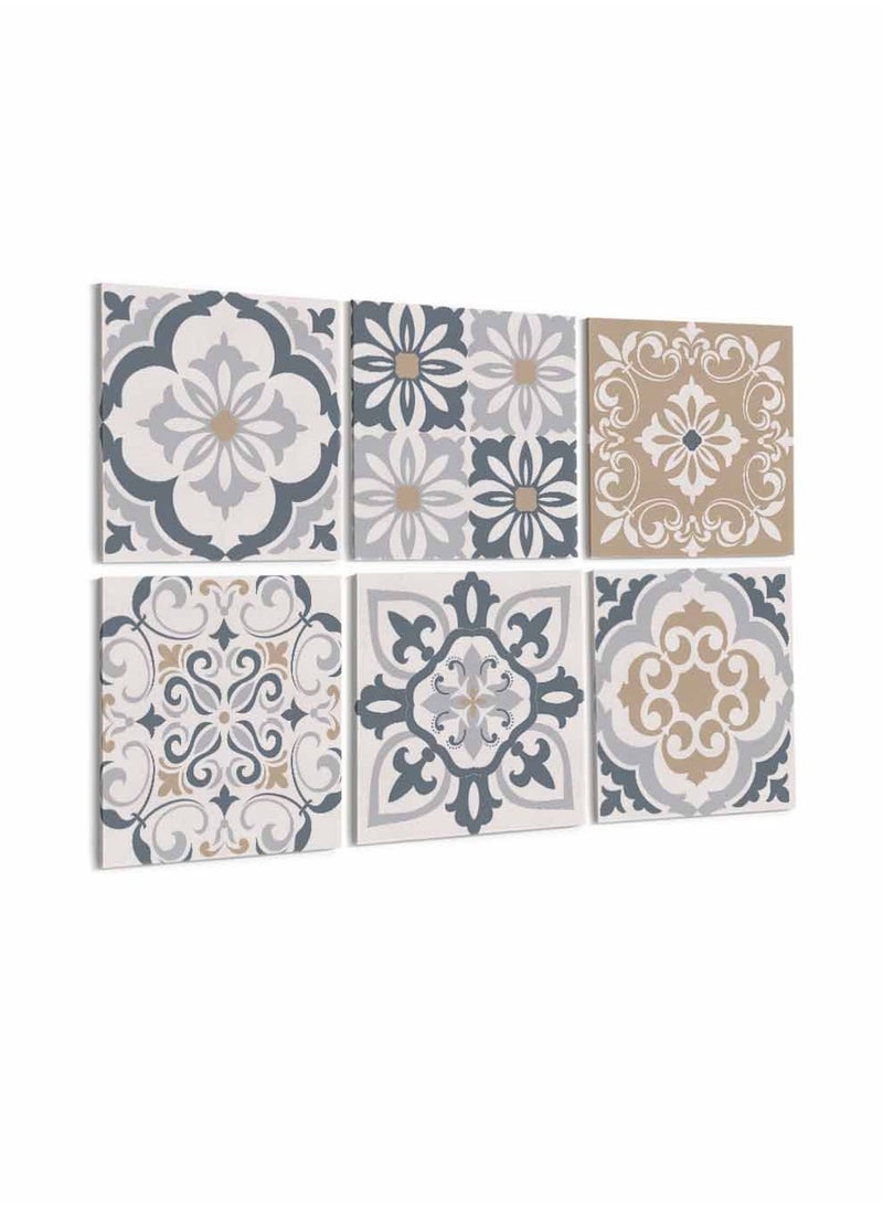 LOWHA Set Of 6 Framed Square Canvas Wall Arts Stretched Over Wooden Frame, Flowery Turkish Style Ceramic Painting, For Home, Living Room, Office Decor  - Image 1
