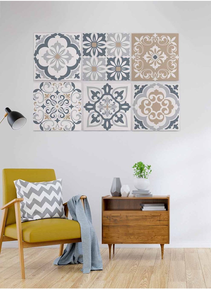LOWHA Set Of 6 Framed Square Canvas Wall Arts Stretched Over Wooden Frame, Flowery Turkish Style Ceramic Painting, For Home, Living Room, Office Decor  - Image 2