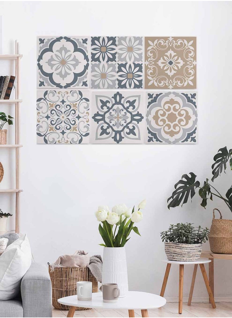 LOWHA Set Of 6 Framed Square Canvas Wall Arts Stretched Over Wooden Frame, Flowery Turkish Style Ceramic Painting, For Home, Living Room, Office Decor  - Image 3