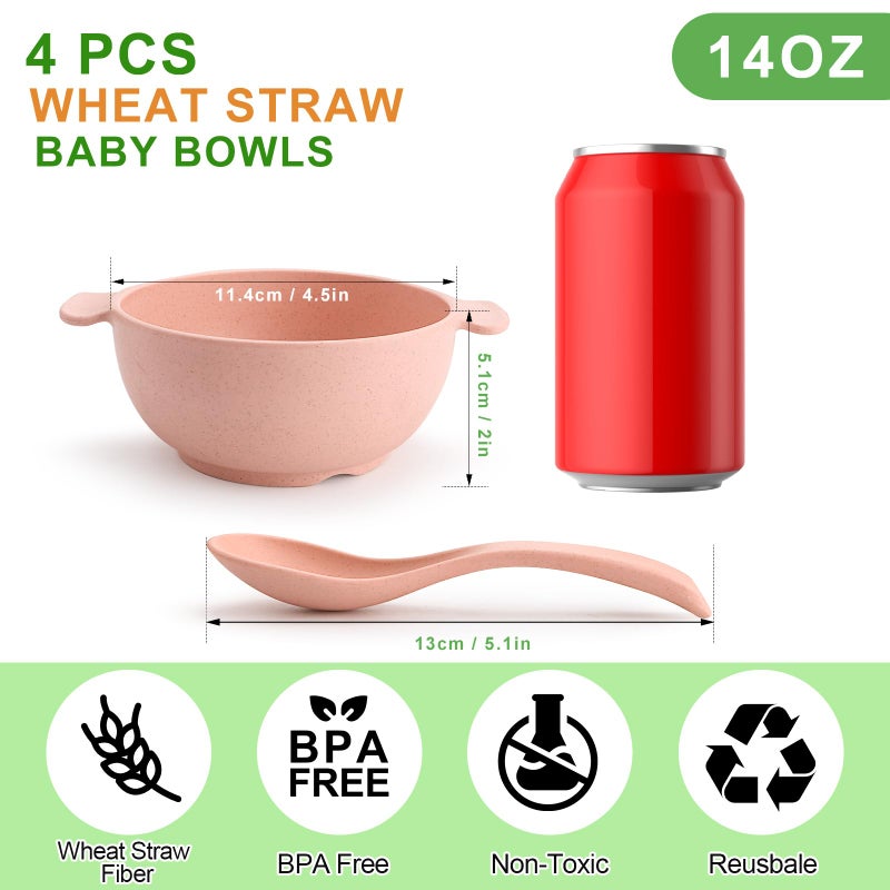 shopwithgreen Unbreakable Kids Bowls -Microwave Dishwasher Safe- Wheat Straw Snack Bowl Sets for Kids/Toddler/Children/Baby Feeding - 4 Bowls and 4 Spoons  Lightweight and Durable  14 OZ - Image 4