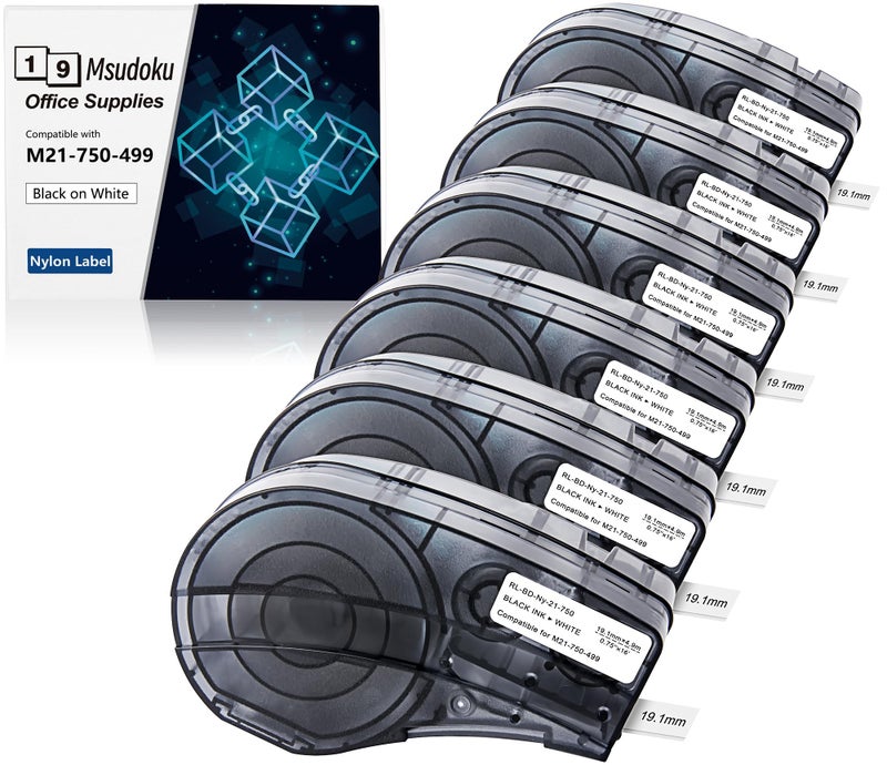 Msudoku 6 Pack Black on White Tape Compatible for M21-750-499 Label Cartridge, 0.75" W x 16' L 3/4'' Nylon Cloth Label, Not Compatible with M210 and M211 - Image 1