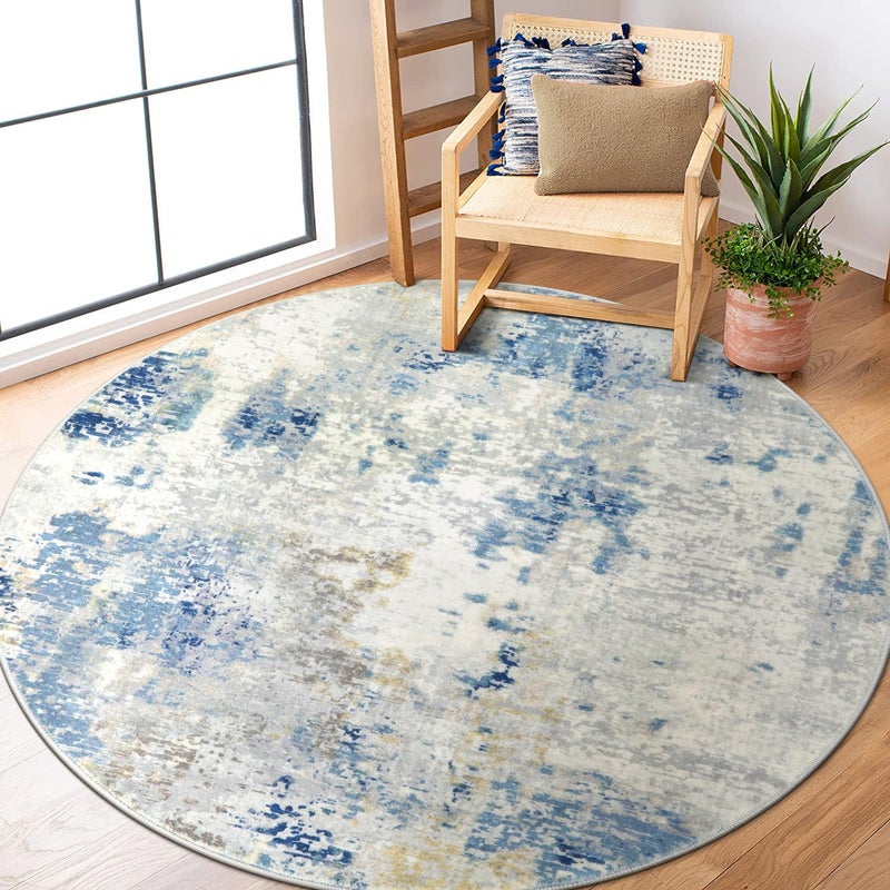 Lahome Washable Round Rug 5Ft Blue Modern Abstract 5x5 Circle Rugs for Living Room Bedroom Soft Contemporary Large Indoor Carpet for Kitchen Apartment Basement Home Office