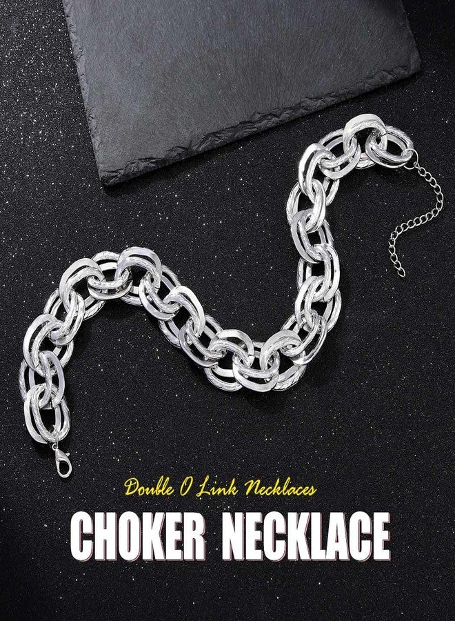 ACEDRE Chunky Choker Necklace Silver Cuban Link Chain Double O Link Necklaces Punk Hip-hop Jewelry for Women (2-Silver) - Image 3