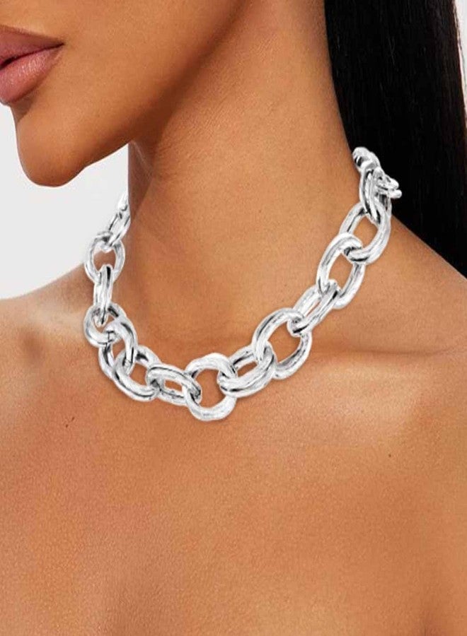 ACEDRE Chunky Choker Necklace Silver Cuban Link Chain Double O Link Necklaces Punk Hip-hop Jewelry for Women (2-Silver) - Image 4