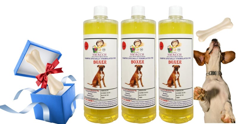 swacch Shampoo | Puppy Safe Shampoo | Boxer Dog Shampoo (1 Litre) (Pack of 3) Lemon + Large White Bone | Dog Chew Bones | Teething chew Toy | Dental Teething | Combo Pack - Image 1