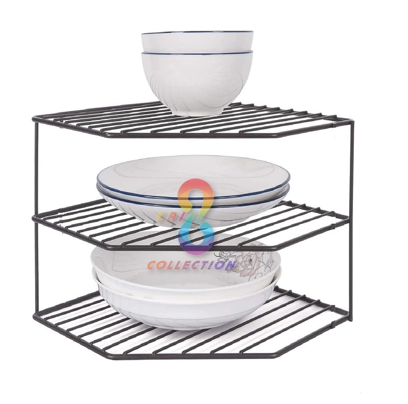 CR18 COLLECTION Collection Iron Black 3Tier Storage Under Sink Rack For Corners Multipurpose Black Iron Kitchen Plate Dish Corner Shelf Rack Stand Holder Black - Image 2