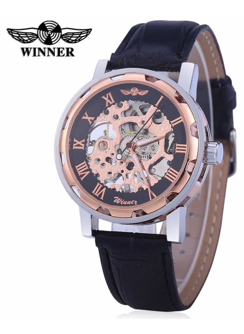 Winner Men's Watch, Mechanical Skeleton Hand-Wind Steampunk Bling Watch for Men Women, Roman Numeral PU Leather Silver Rose-Gold Case Unisex Wrist Watch