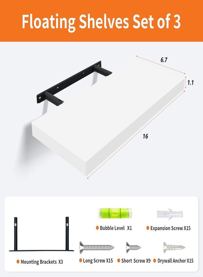 Upassion White Floating Shelves - Set of 3, 16" Wall Mounted Shelves for Home Decor, Living Room, Bedroom, Bathroom, Kitchen - Image 3