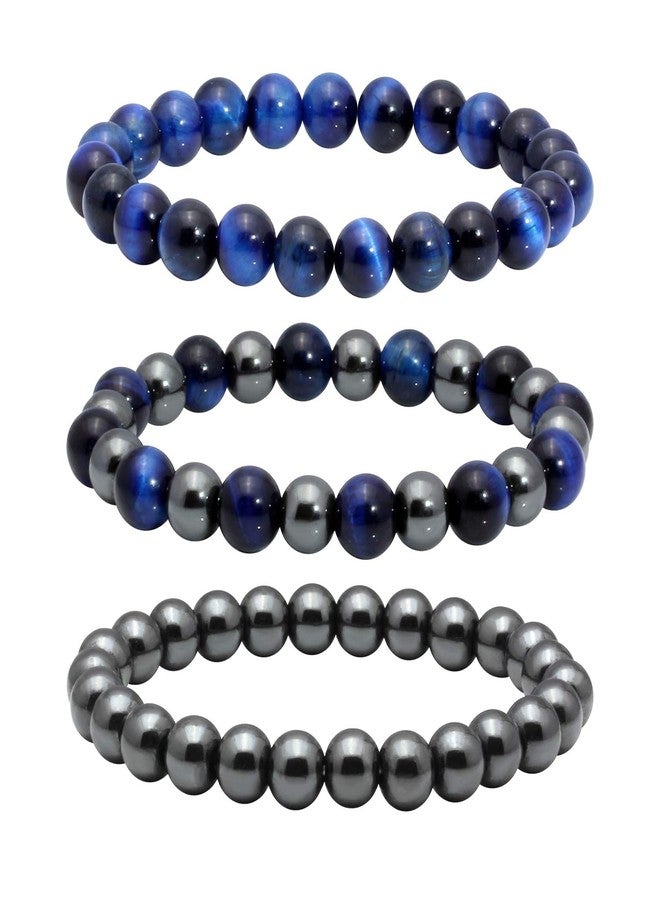 MILAKOO 3Pcs Blue Tiger Eye Bracelets for Men Women Distance Stretch Wristband Stone Hematite Cuff - Image 1