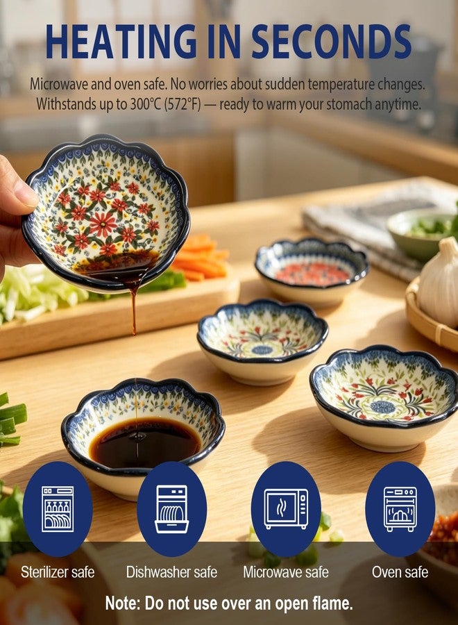 MOASIOP Vintage Blue Soy Sauce Dishes Set of 4, 3 Oz Small Ceramic Dipping Bowls for Sushi, Ketchup, BBQ & Side Dishes, 4 Inch Mini Appetizer Plates - Image 5