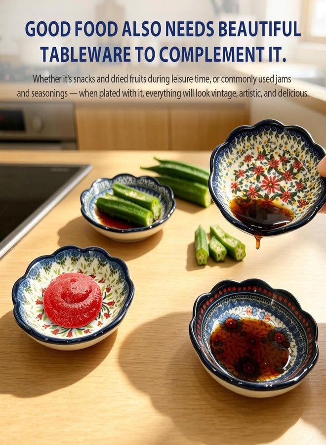 MOASIOP Vintage Blue Soy Sauce Dishes Set of 4, 3 Oz Small Ceramic Dipping Bowls for Sushi, Ketchup, BBQ & Side Dishes, 4 Inch Mini Appetizer Plates - Image 4