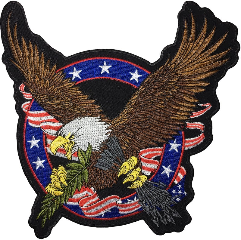 Papapatch [Large Size] Papapatch Bald Eagle Hawk Clutching Arrows Patriotic USA US America Flag Biker Jacket Vest Costume Sew on Iron on Embroidered Applique Patch (Iron-Bald-Eagle-USA-Flag-Large) - Image 3