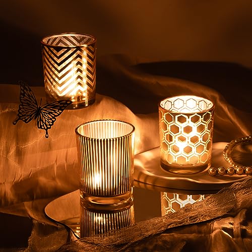 Toptime Tea Lights Candle Holder, Gold Votive Candle Holders Set of 3, Glass Tealight Holders with Geometric Stripe Wave Pattern, Centerpiece Table Decorations for Wedding Birthday Party Supplies - Image 2