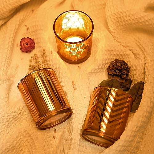 Toptime Tea Lights Candle Holder, Gold Votive Candle Holders Set of 3, Glass Tealight Holders with Geometric Stripe Wave Pattern, Centerpiece Table Decorations for Wedding Birthday Party Supplies - Image 4