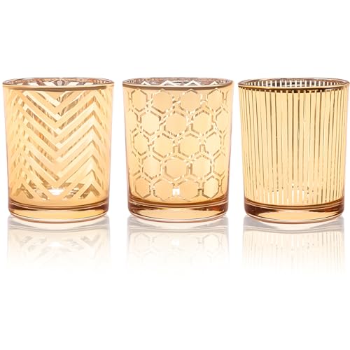 Toptime Tea Lights Candle Holder, Gold Votive Candle Holders Set of 3, Glass Tealight Holders with Geometric Stripe Wave Pattern, Centerpiece Table Decorations for Wedding Birthday Party Supplies - Image 1