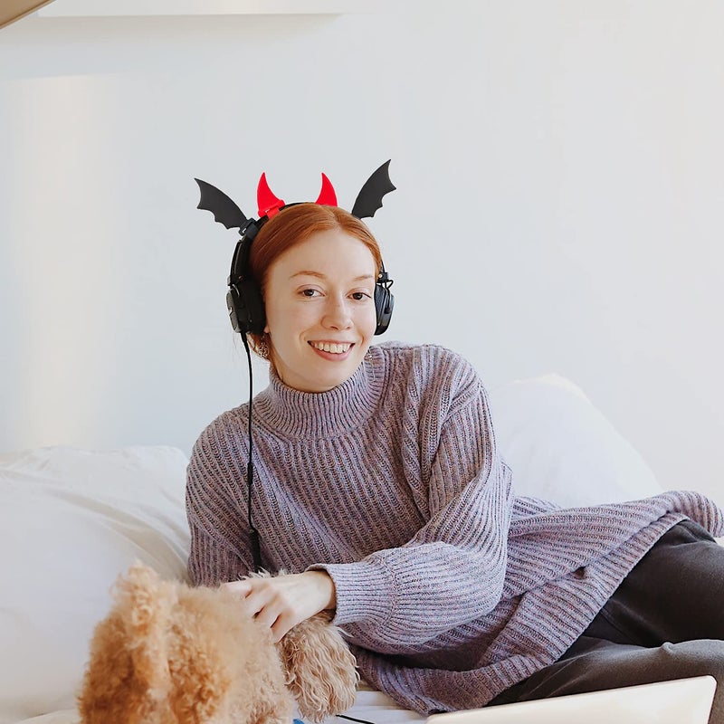 RUKUHOT Halloween Black Bat Wings + Red Devil Horns Headphone Attachment, Bat Devil Horns Headband Headset Decor, Cosplay Props Bat Wing for Halloween Christmas Party Dress Up Accessories - Image 5