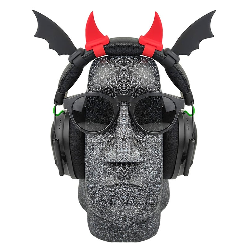 RUKUHOT Halloween Black Bat Wings + Red Devil Horns Headphone Attachment, Bat Devil Horns Headband Headset Decor, Cosplay Props Bat Wing for Halloween Christmas Party Dress Up Accessories - Image 2