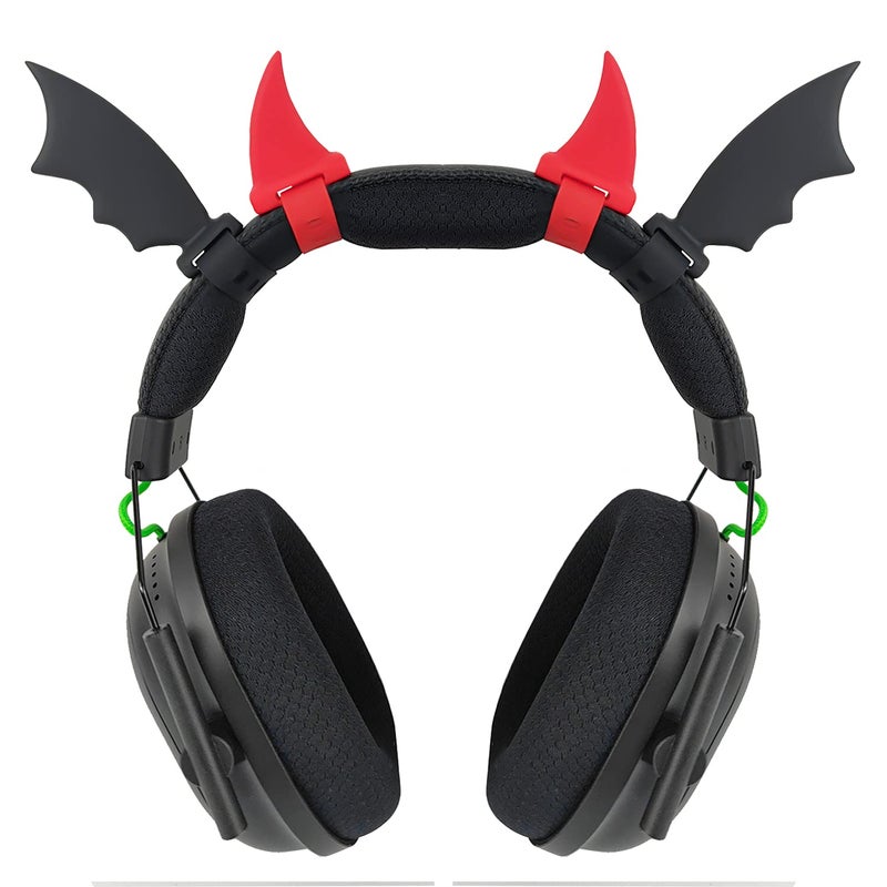 RUKUHOT Halloween Black Bat Wings + Red Devil Horns Headphone Attachment, Bat Devil Horns Headband Headset Decor, Cosplay Props Bat Wing for Halloween Christmas Party Dress Up Accessories - Image 1