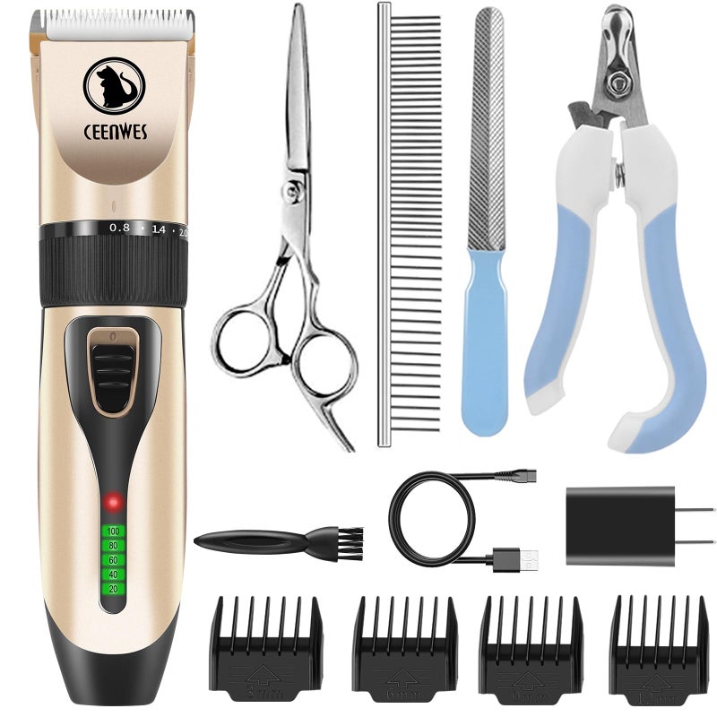 Power Display Dog Clippers Cordless Dog Grooming Kit Professional Horse Clippers Detachable Blade with 4 Comb Guides Low Noise Pet Clippers Rechargeable Pet Grooming Tools for Dogs Cats Pets