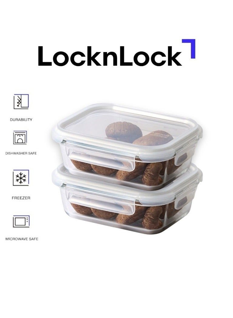 LocknLock Stackable Tempered Glass Rectangle 640ml (PACK OF 2) – Airtight, Freezer & Microwave Safe