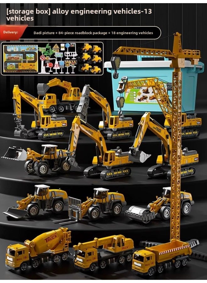 Children's Alloy Engineering Truck Excavator Boy Simulation Model Bulldozer Excavator Mixer Crane Toy Suit-Color:Extra Large Top Configuration - 13 Engineering Vehicles + Large Hanging Towers [free 18 Cars + 3 Storage Buckets + 3 Maps + 3 Road Signs] - Image 1