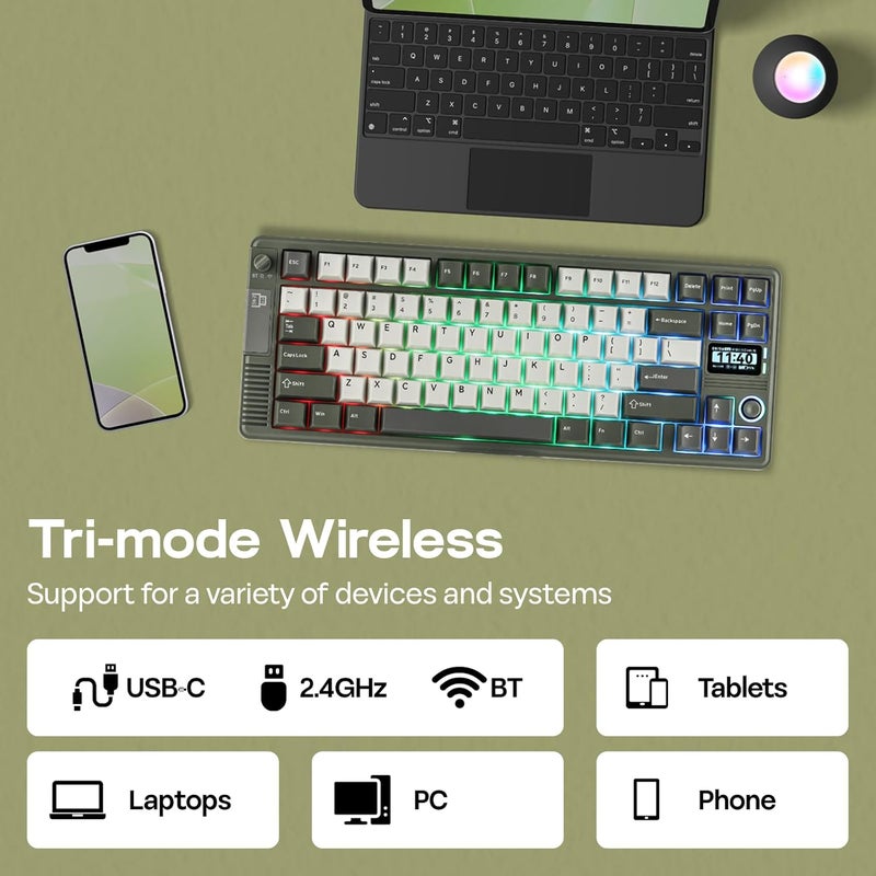 EPOMAKER RT85 Wireless Mechanical Keyboard with Joystick & DIY Screen, 8000mAh, BT/USB/2.4Ghz, Hot-Swap, PBT Keycap, Creamy Gasket, 75% Gaming Keyboard, US QWERTY (Army Green, Creamy Jade) - Image 5
