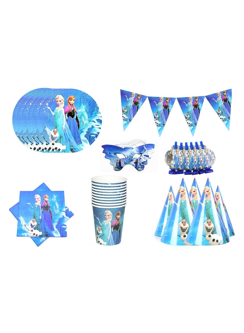 37 Pcs Princess ElsaTheme Birthday Party Set, Kids Party Tableware Decoration Kit with Plates, Cups, Tissues, Straws, Paper Hats and Banner - Image 1