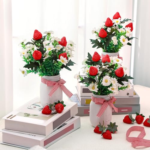 Mimorou 5 Set Strawberry Mason Jar Table Centerpiece DIY Artificial Strawberry Daisy Plants with Faux Leaves Home Centerpieces for Baby Shower Decor Home Summer Farmhouse Wedding Kitchen - Image 3