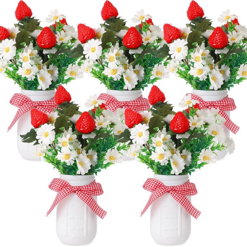 Mimorou 5 Set Strawberry Mason Jar Table Centerpiece DIY Artificial Strawberry Daisy Plants with Faux Leaves Home Centerpieces for Baby Shower Decor Home Summer Farmhouse Wedding Kitchen - Image 2
